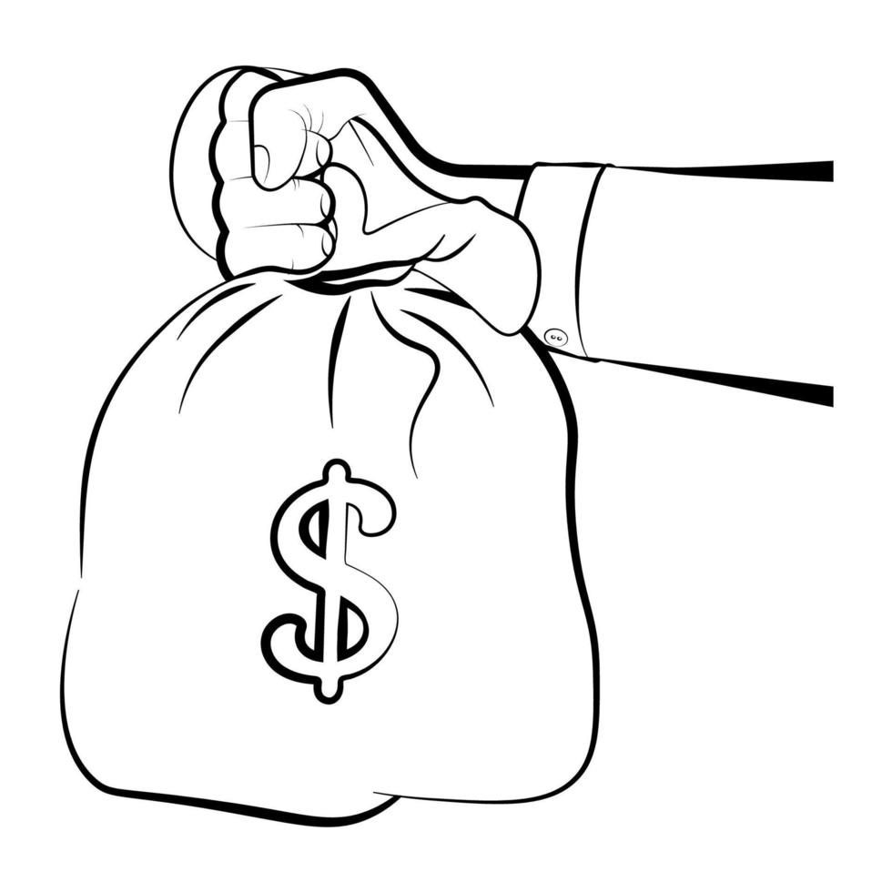 man holds in hand a bag of money. Issuance of a loan, repayment of debt to the bank, economic offenses. Isolated vector on white