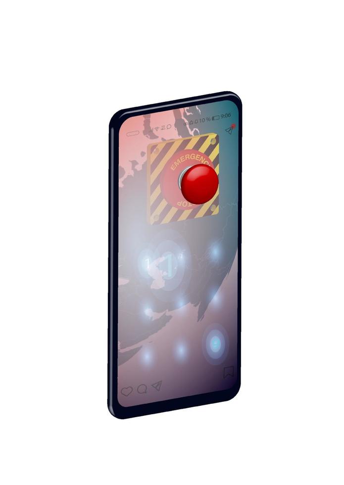 Concept, smartphone with a red emergency button inside the device. Emergency call in dangerous situations. Realistic 3d vector on white background