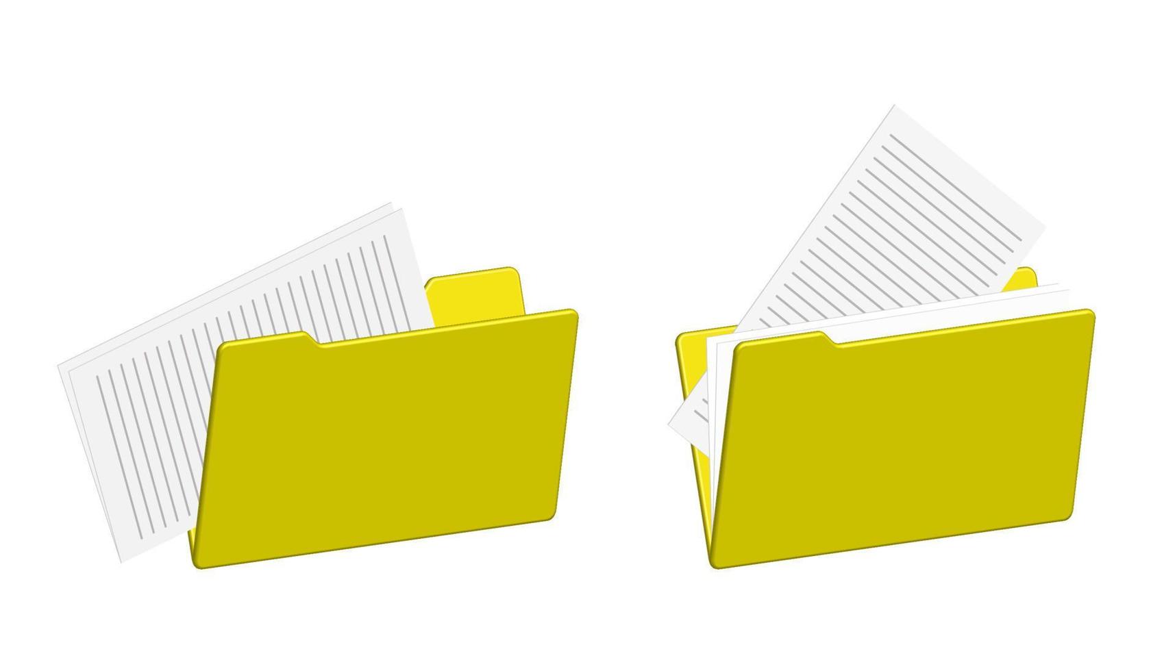 set of icons of yellow open folders for documents. Empty filled. Remove the paper sheet from the folder. Isolated vector on white background