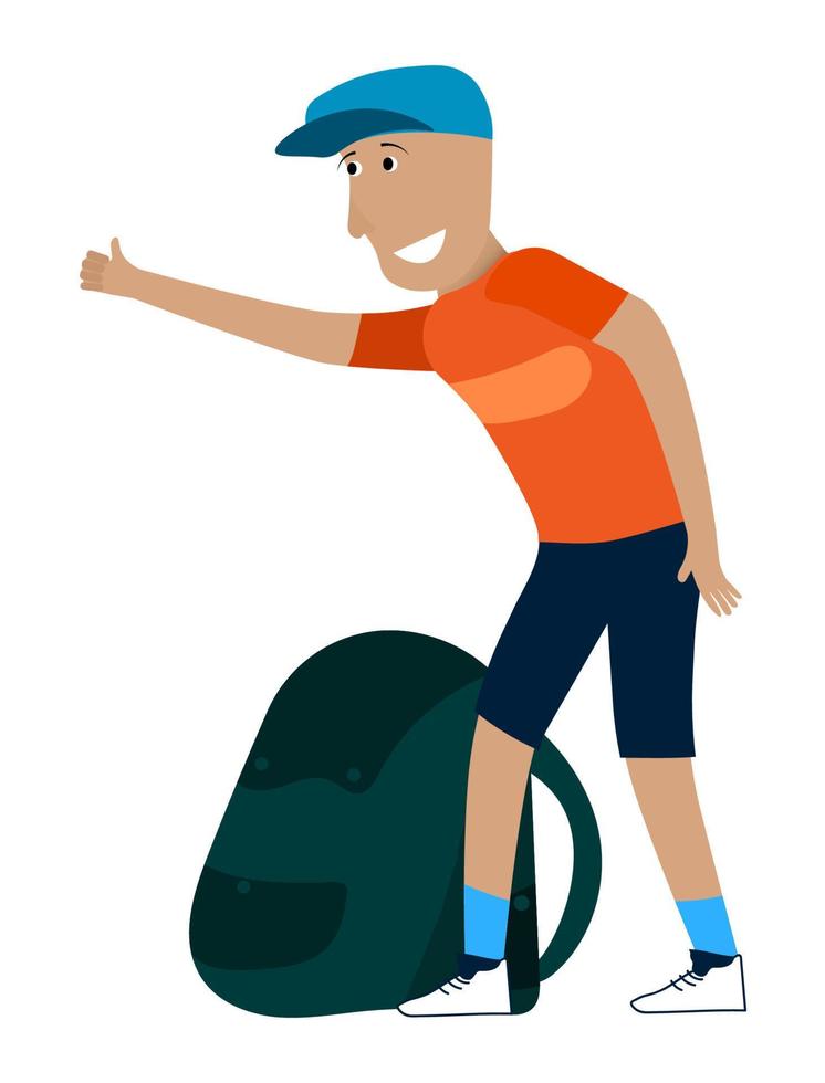 athlete, tourist travels with a backpack. Catches the car hitchhiking. Good mood, active lifestyle vector