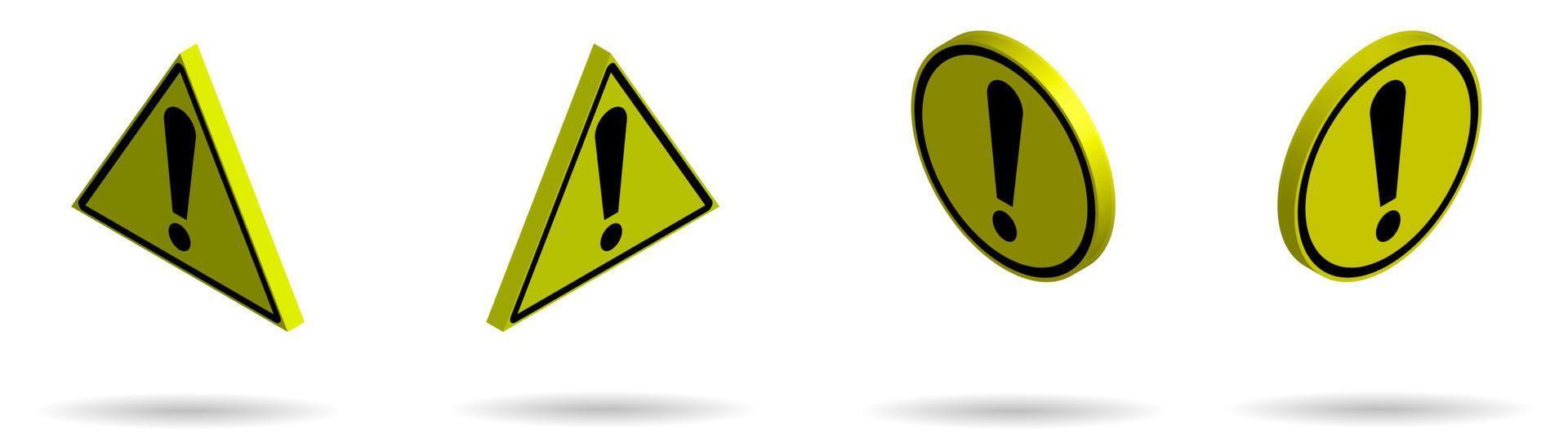 Set of isometric danger signs, exclamation mark on a yellow background. Attention. Isolated vector