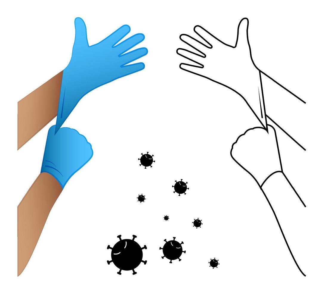 doctor puts latex gloves on his hands. Protecting health from harmful pathogens and substances. Prevention of the spread of disease. Isolated vector