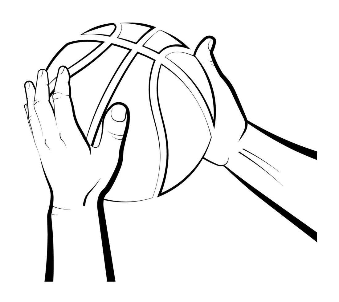 las manos del atleta sostienen la pelota de baloncesto durante el juego. deportes de equipo, estilo de vida saludable. vector aislado sobre fondo blanco