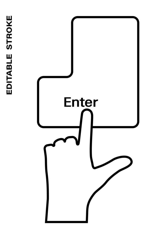trazo editable de icono, la mano humana presiona el botón del teclado entrar con el dedo índice. obtener ayuda, información adicional. vector aislado sobre fondo blanco