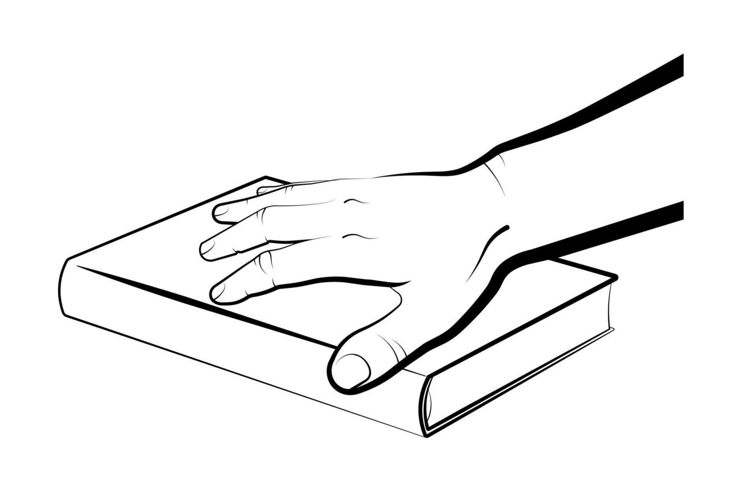 man holds his palm on a closed book. President oath on the Bible, Constitution. Selection of new leader of the country. Isolated vector on white background