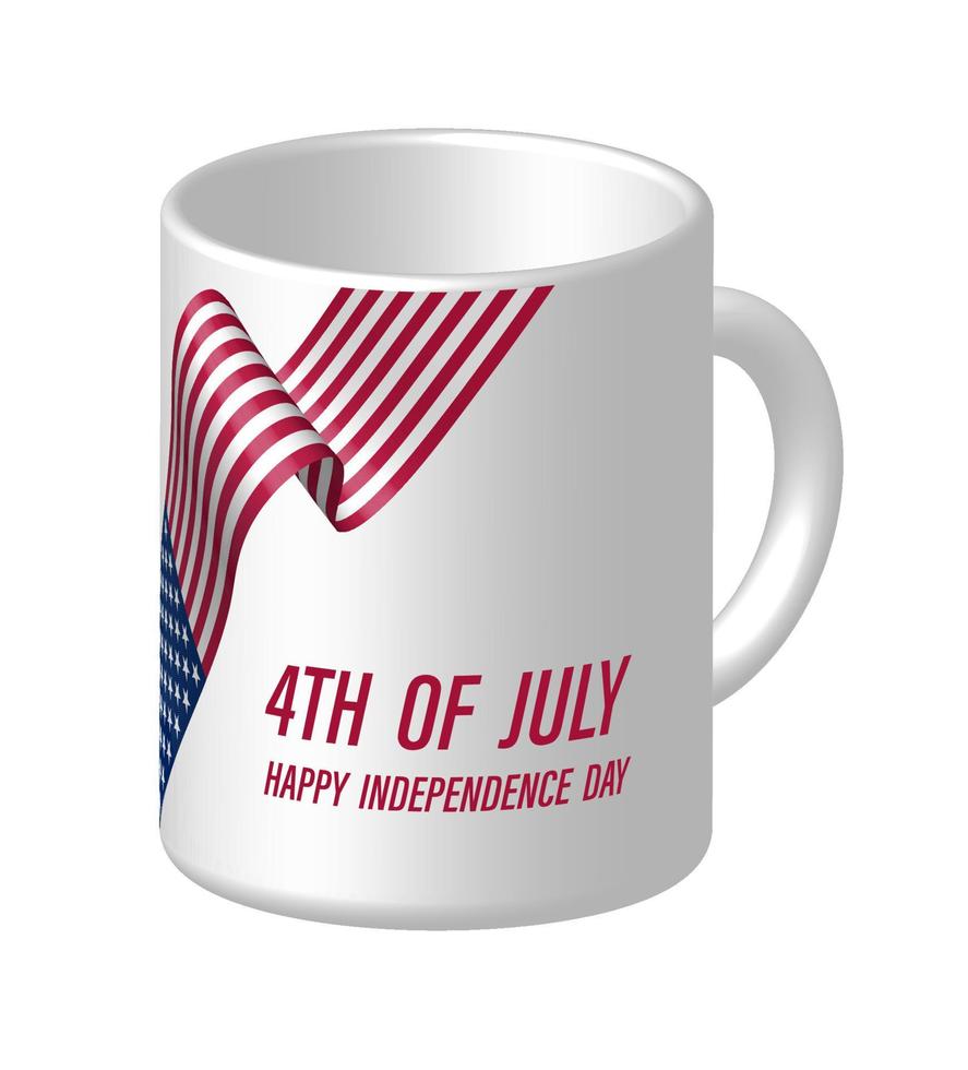 White Coffee Mug with American Flag and July 4th Congratulations. Festive design element for Independence Day USA. Isolated vector on white background