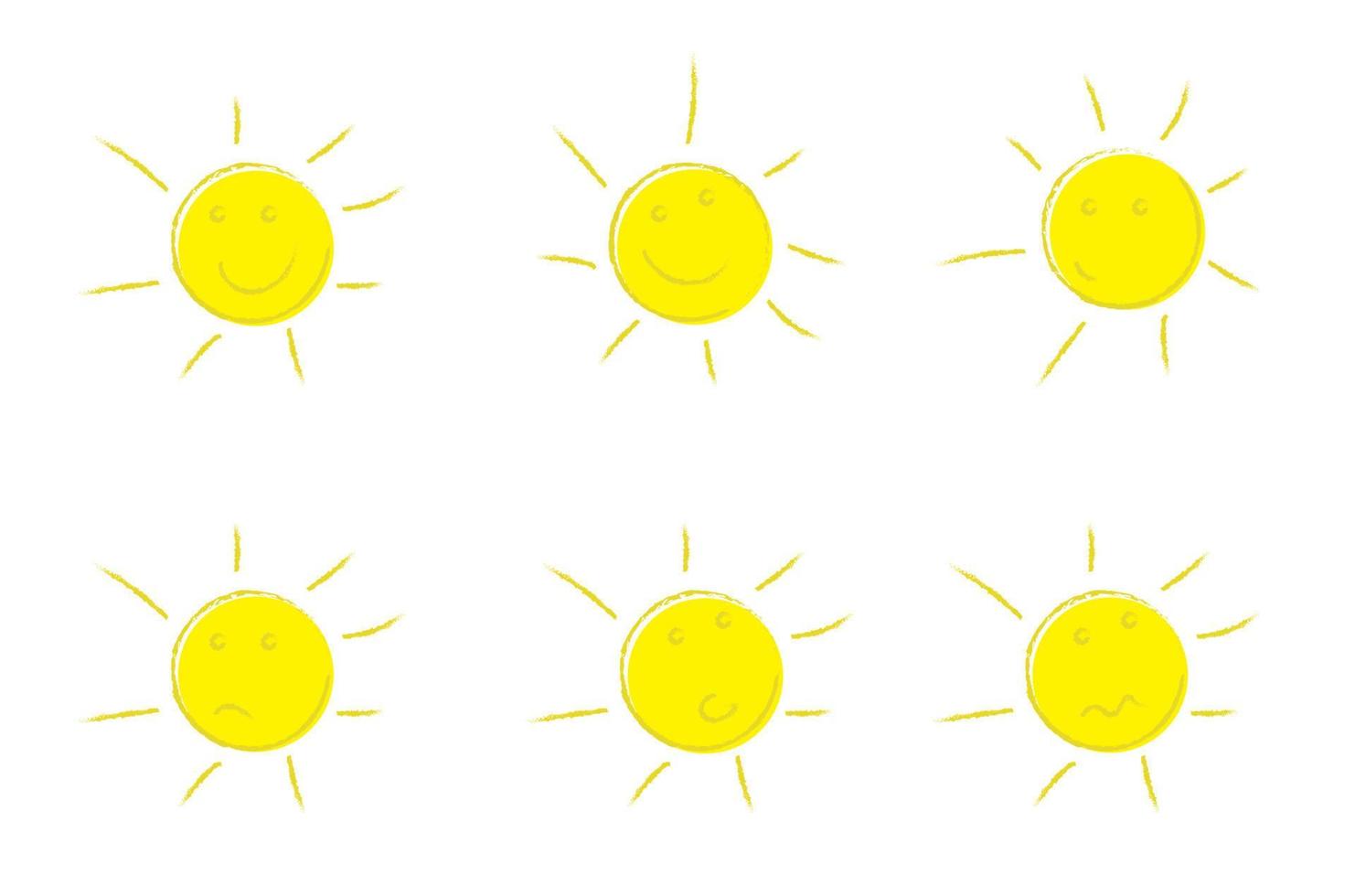 conjunto de sol de verano brillante con diferentes emociones, dibujado a mano en estilo grunge. elemento de diseño para niños. vector aislado sobre fondo blanco