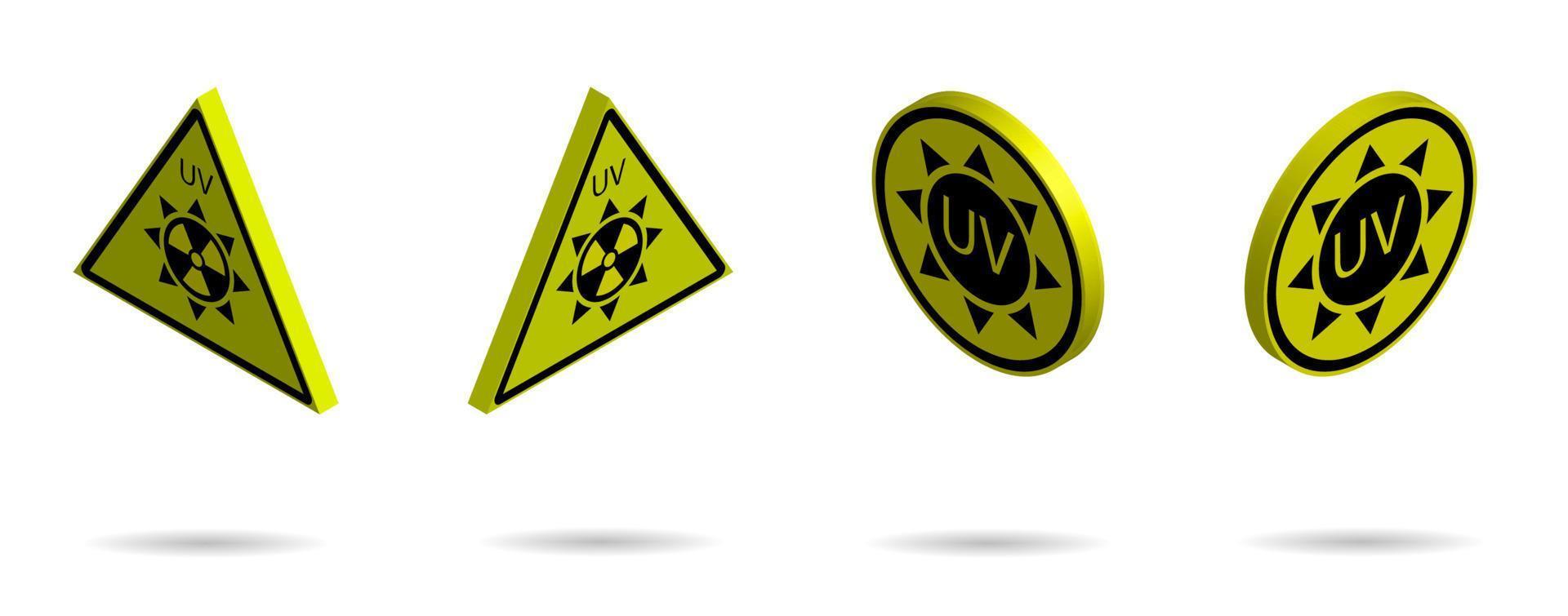 set of 3d danger signs on a yellow background, high solar activity. Increased ultraviolet radiation. Protection against sunburn. Isolated vector on white background