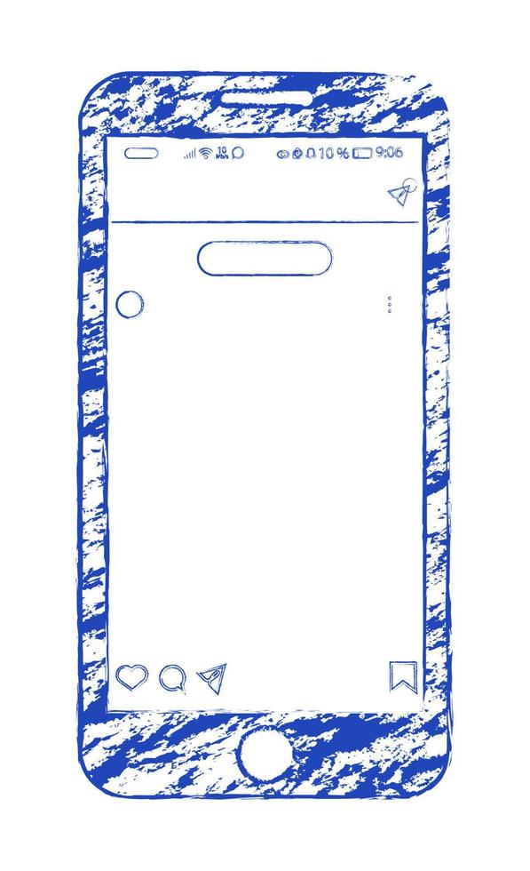 layout of the smartphone is carelessly drawn in ink. Post interface mobile application social network. Isolated vector on white background