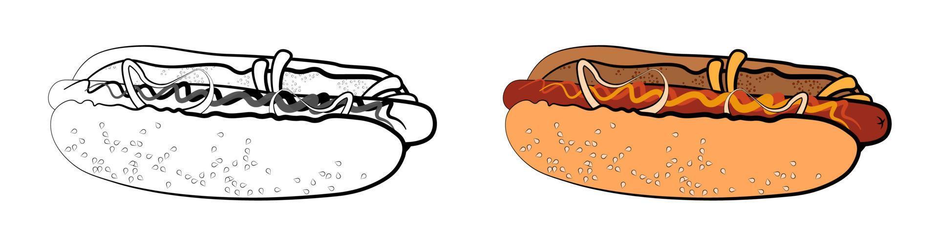 American hot dog with sausage, mustard and ketchup in a flat style. Fast food. Isolated vector on white background