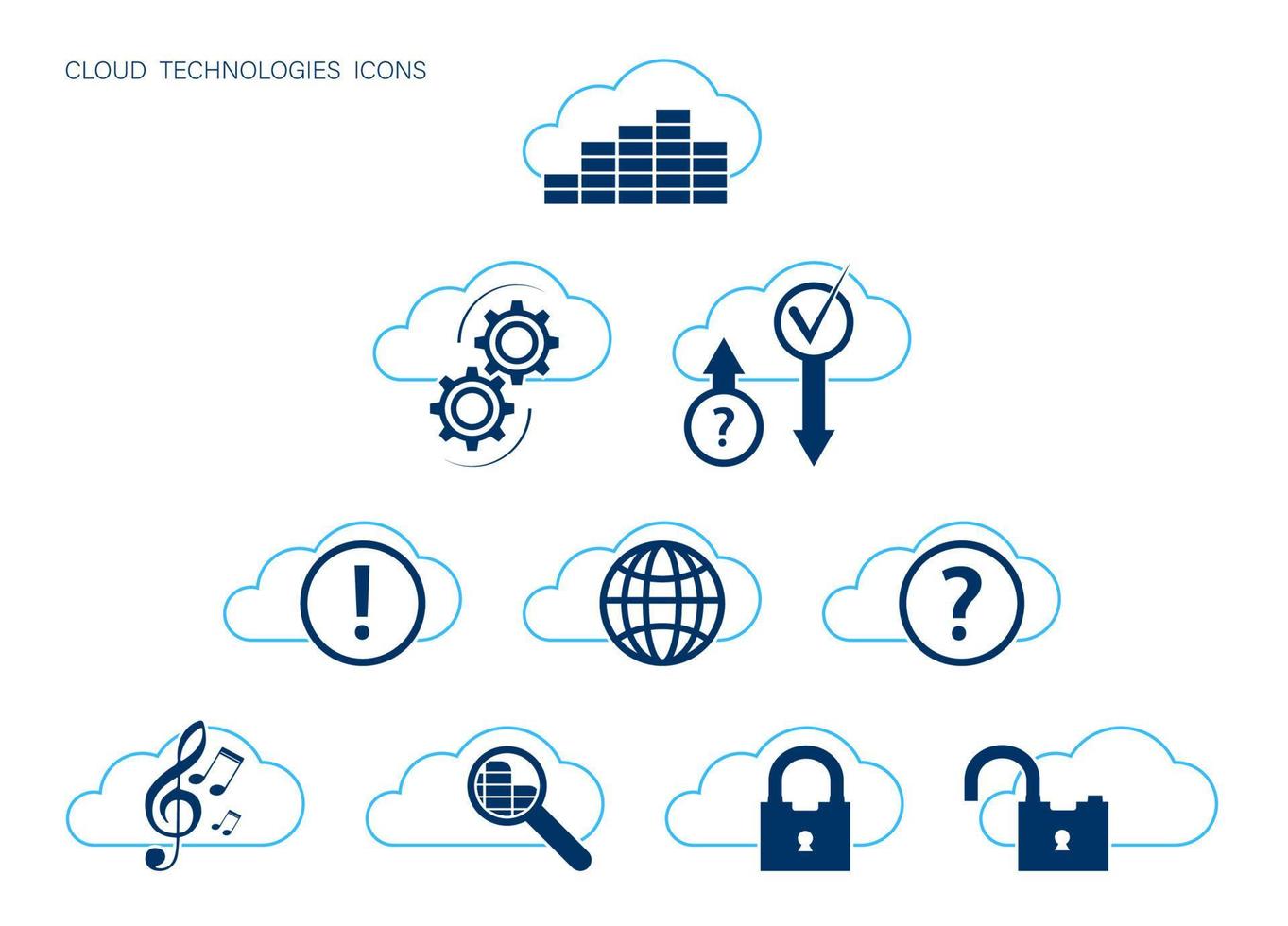 conjunto de iconos con tecnología de nube moderna. búsqueda, descarga, almacenamiento y protección de datos, configuración remota de dispositivos, multimedia. vector sobre un fondo blanco