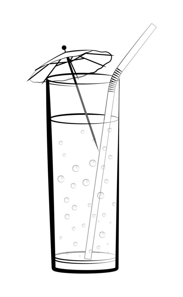 Tall glass with sparkling lemonade and a decorative umbrella. Cocktails, alcoholic drinks, illustrations for the cafe, restaurant menu. Isolated vector on white background