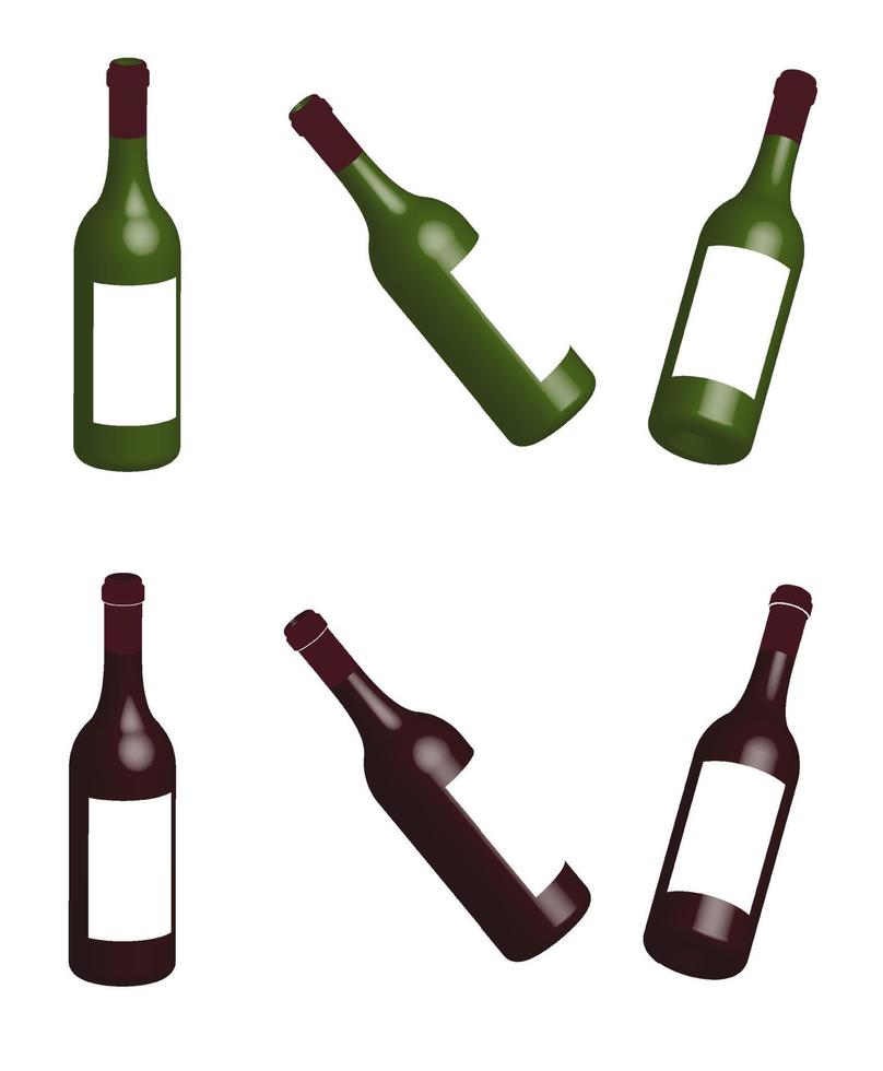 botellas de vino translúcidas hechas de vidrio, ilustración 3d multicolor sobre un fondo transparente, aisladas vector