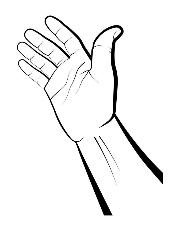 la mano humana indica la dirección del movimiento. gesto de una petición de ayuda. regalo, presentación. vector aislado sobre fondo blanco