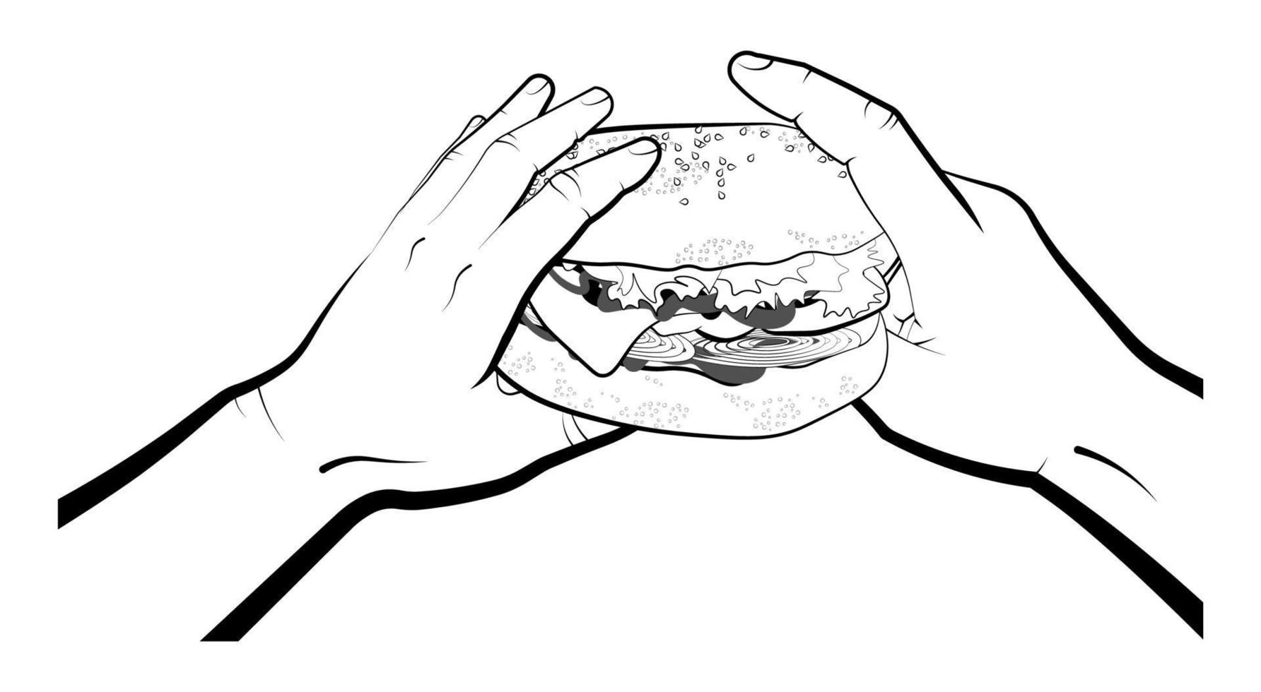 hamburger with bacon, cheese and lettuce on a bun in the hands of a man. Fast food. Isolated vector on white background