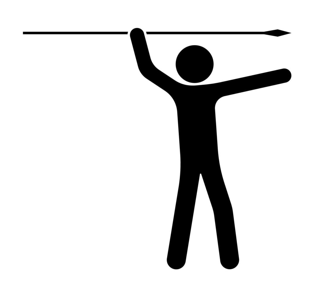 Stick figure, man holds a spear in his hands and waved for a throw. The choice of purpose and direction of movement. Isolated vector on white background