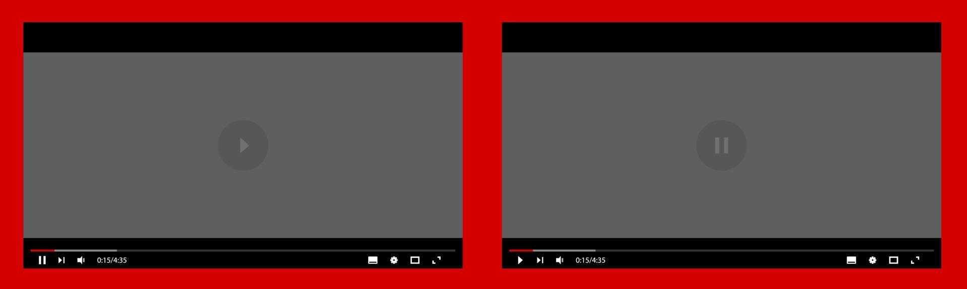 plantilla de pantalla de reproductor multimedia. diseño de una ventana de transmisión en vivo en pausa y en modo de reproducción de video. concepto de redes sociales. vector