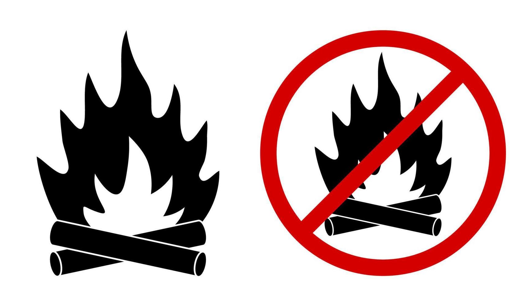 bonfire icon and sign prohibiting bonfire in the forest. Isolated vector on white background