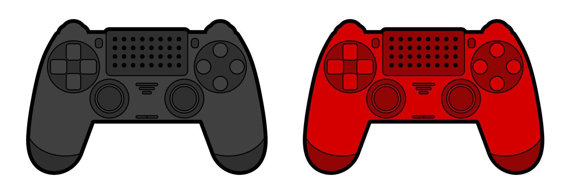 Bright red and black white icon of a wireless joystick, controller for a game console. Isolated vector on white background