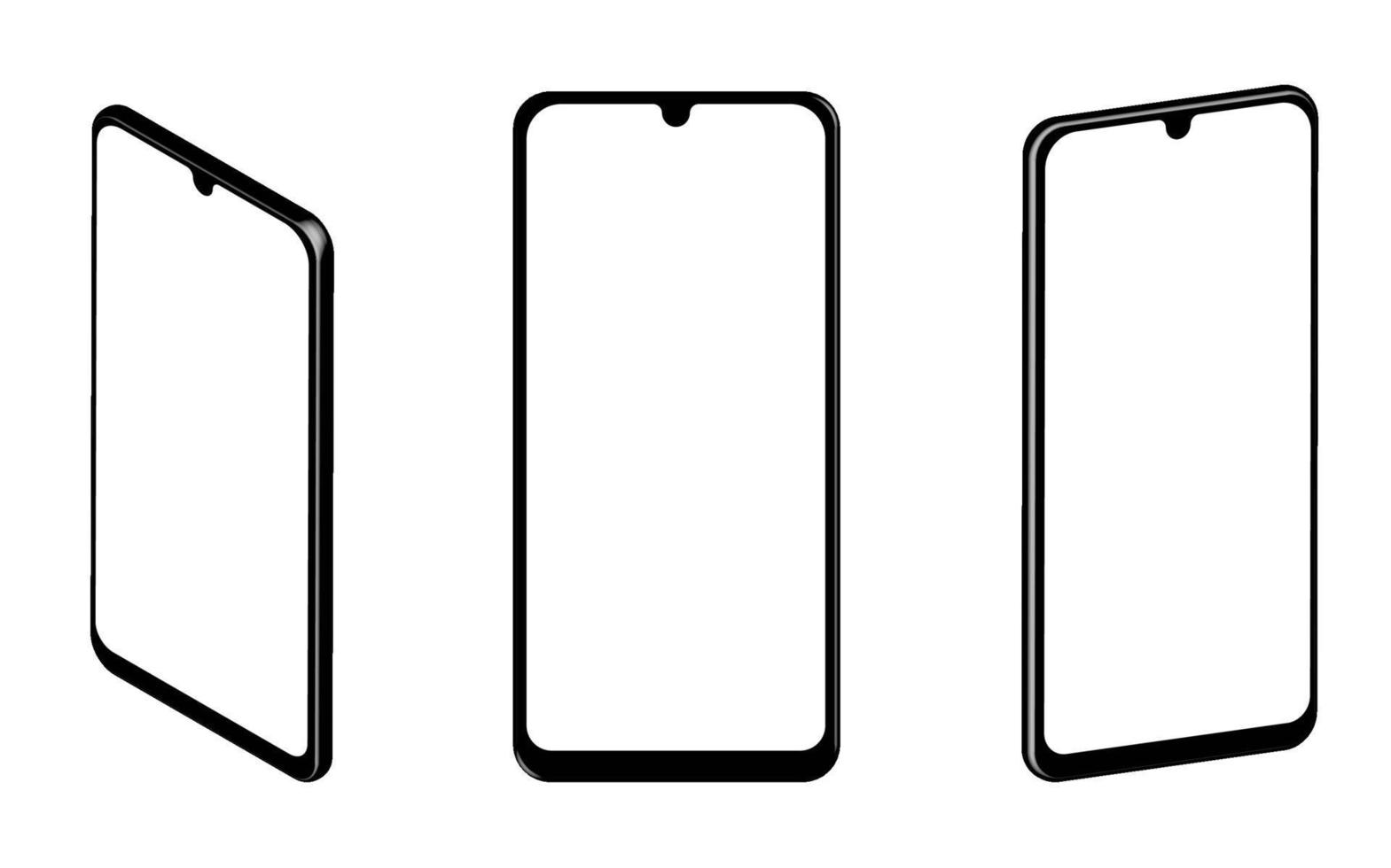 maqueta de teléfono inteligente realista muy detallada aislada en un fondo blanco. tres vistas de la pantalla. maqueta de dispositivo, grupos individuales y capas vector