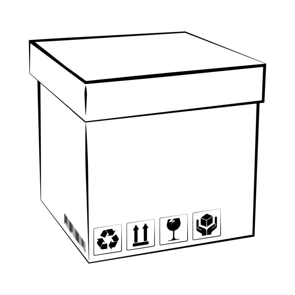 Closed white box with barcode and cargo storage signs. Shipping and home delivery. Gifts and surprises with courier delivery. Isolated vector on white background