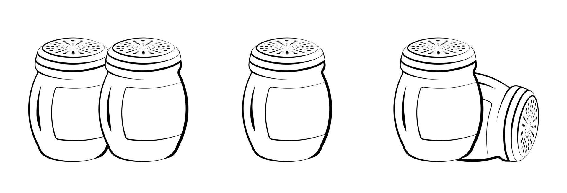 Icons, salt and pepper shaker in various positions. Kitchen items. Cooking. Isolated vector on white background