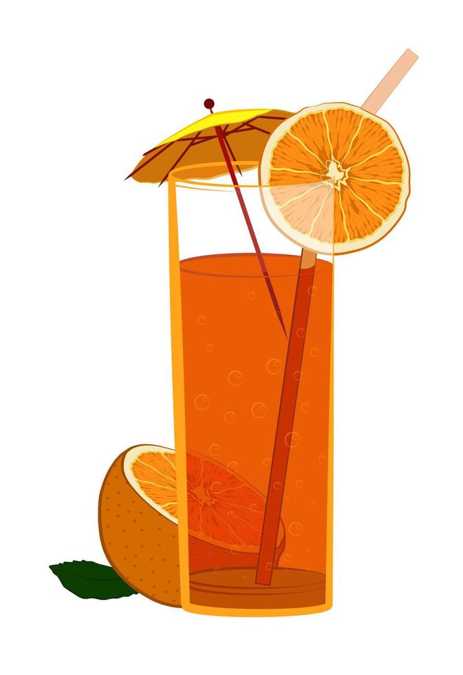 Glass with sparkling orange lemonade and a decorative umbrella. Cocktails, alcoholic drinks, illustrations for the cafe, restaurant menu. Isolated vector on white background