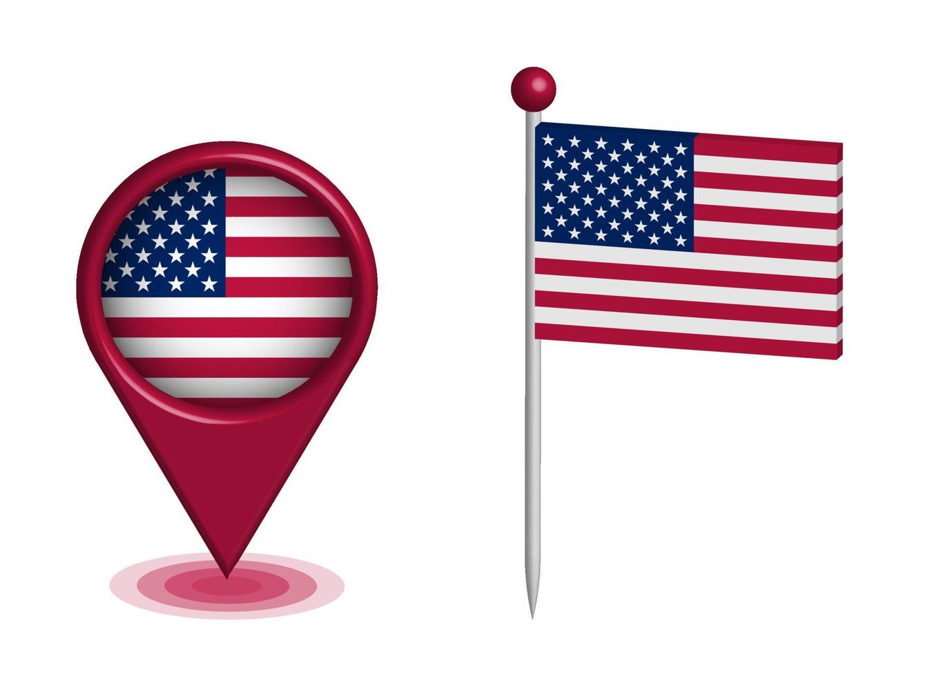 suelte el puesto de control y un pin con la bandera americana para indicar en el mapa de los estados unidos. navegacion GPS. vector aislado sobre fondo blanco