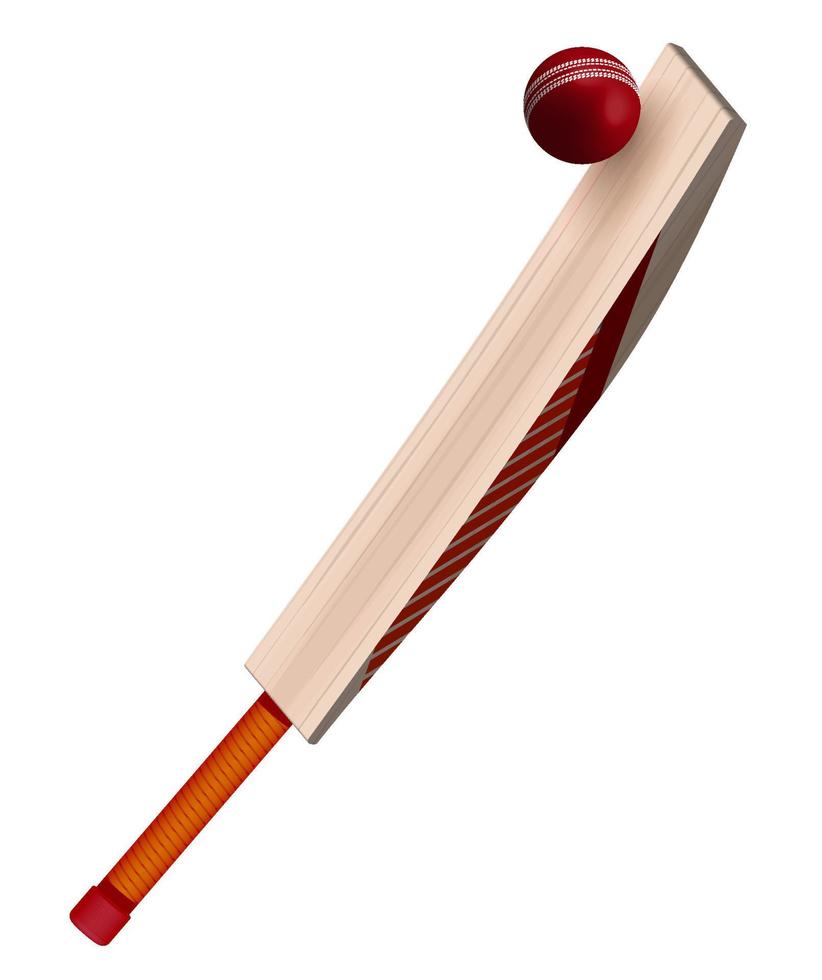 el bate de cricket de madera golpea la bola de cuero rojo en estilo realista sobre fondo blanco. deportes de equipo de verano. vector sobre fondo blanco