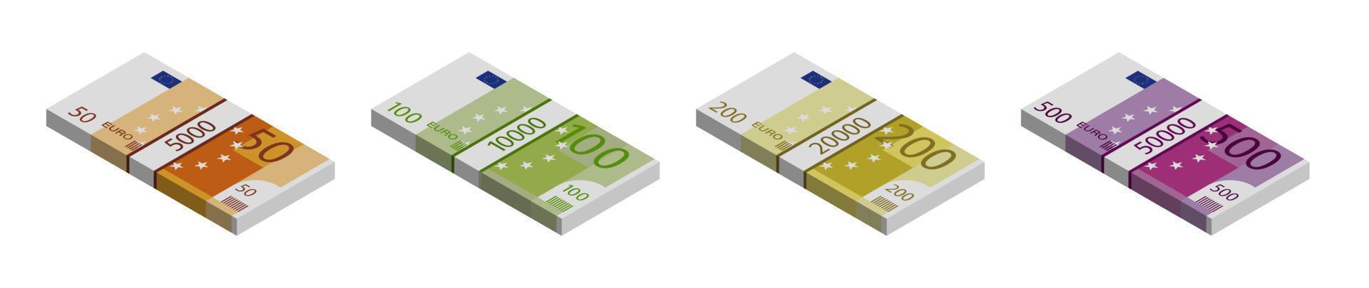 pilas de billetes en euros de 500, 200, 100 y 50. vista isométrica sobre un fondo blanco vector