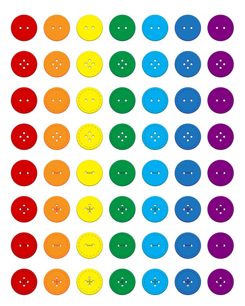 Set of multi-colored round buttons of clothes in rainbow colors. Vector on a white background