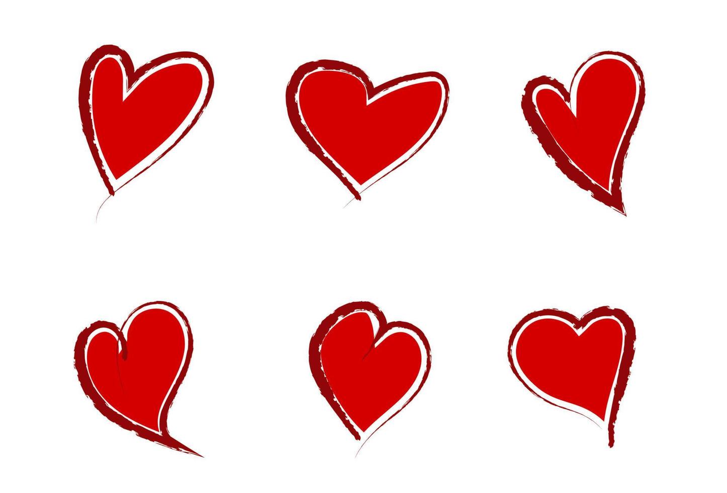 Set of original red hand-drawn grunge hearts in grunge style. Isolated vector on white background