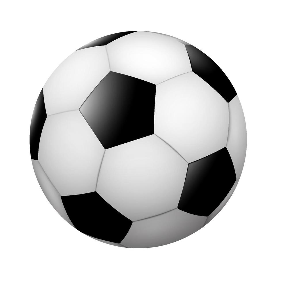 Realistic classic soccer ball, black and white on blank background. Team sports. Isolated vector