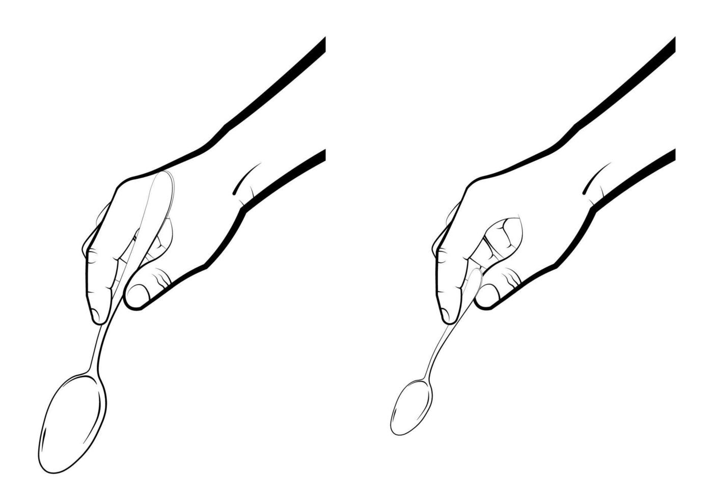 mans mano sostiene una cuchara grande y pequeña. gestos realistas, cocina y bebidas. vector aislado sobre fondo blanco