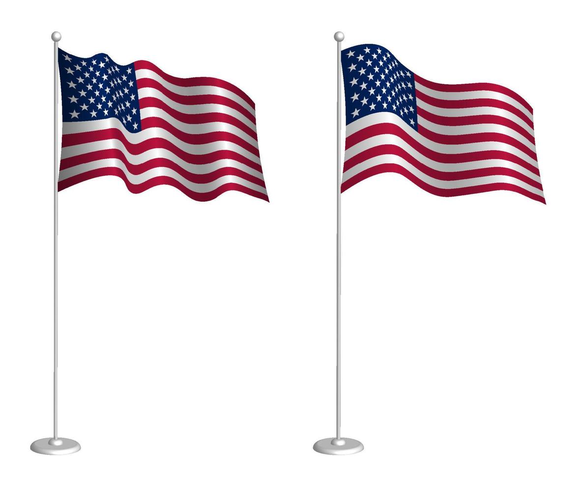 American flag on flagpole waving in the wind. Holiday design element. Checkpoint for map symbols. Isolated vector on white background