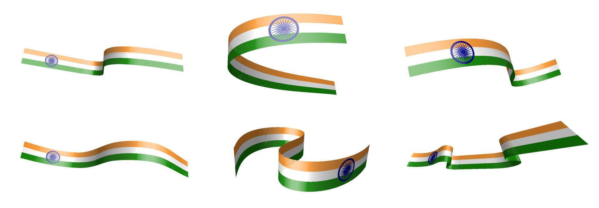 Set of holiday ribbons. Flag of India waving in the wind. Separation into lower and upper layers. Design element. Vector on a white background