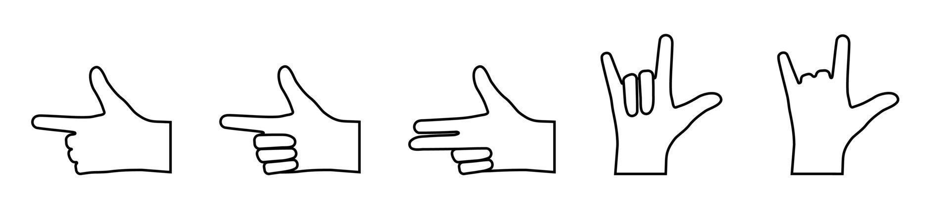 set of hand gestures with bent and pointing fingers. Icons in a linear style. Gesticulation. Vector on a white background