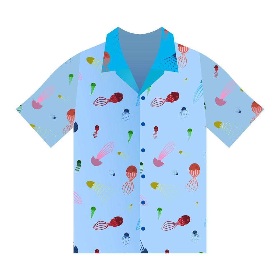 camisa de verano de manga corta en color azul. ornamento marino con medusas de dibujos animados. ropa de verano. vector aislado sobre fondo blanco