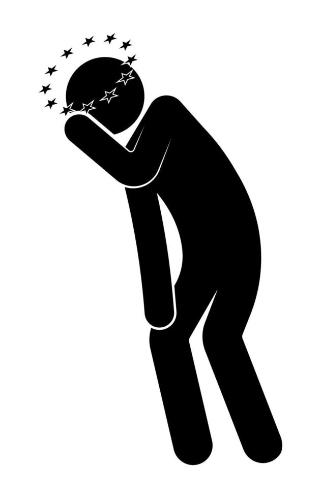 stick figure, man leaned over and holds his head. Dizziness, stars fly overhead, feeling unwell. Isolated vector on white
