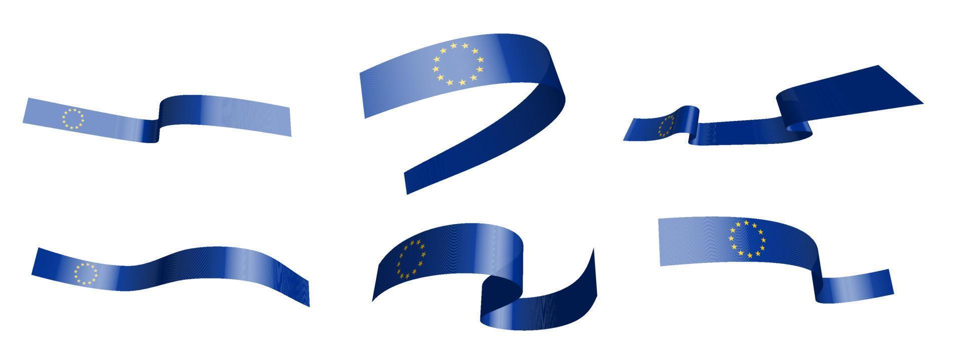 Set of holiday ribbons. Flag of European Union waving in the wind. Separation into lower and upper layers. Design element. Vector on a white background