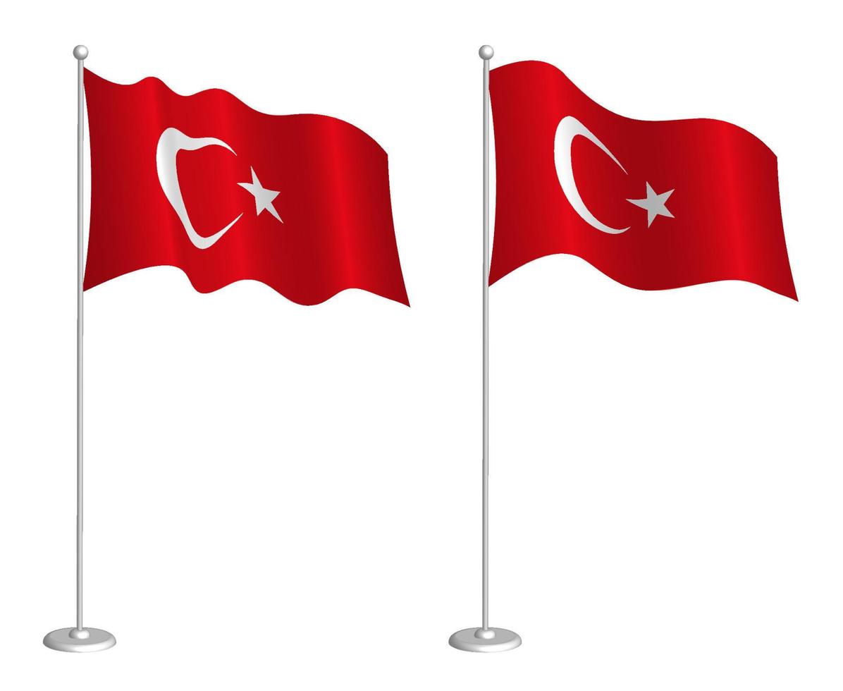 bandera de la república turca en asta de bandera ondeando en el viento. elemento de diseño de vacaciones. punto de control para los símbolos del mapa. vector aislado sobre fondo blanco