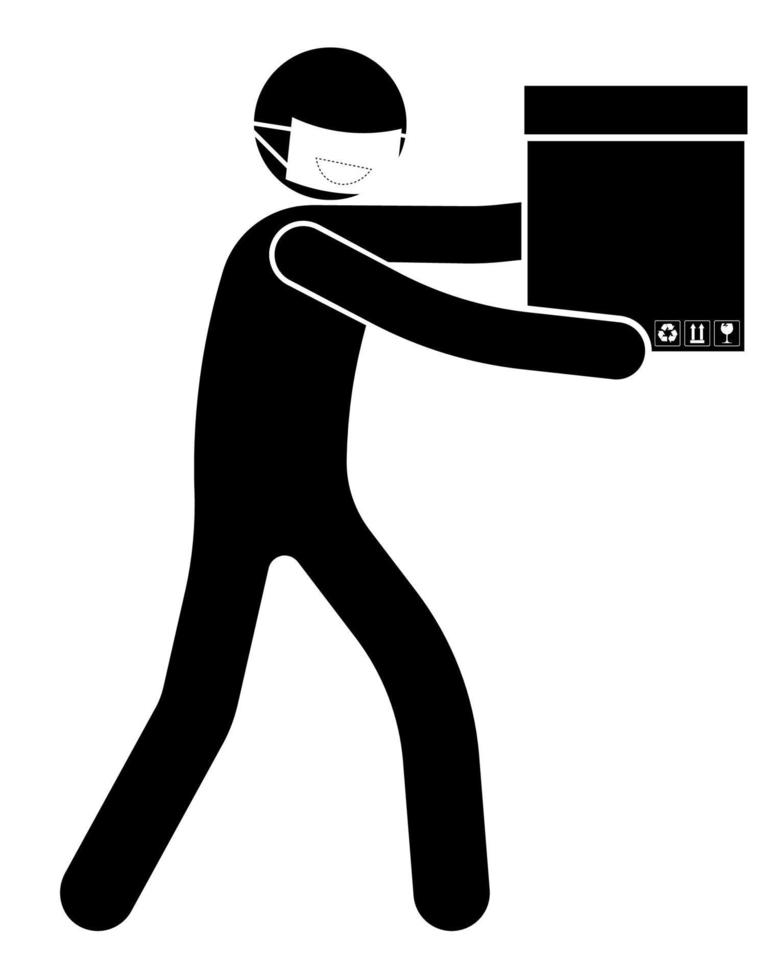 stick figure, man in medical mask holds a box with goods in his hands. Remote delivery of goods to your home in an emergency, virus infection. Isolated vector on white background