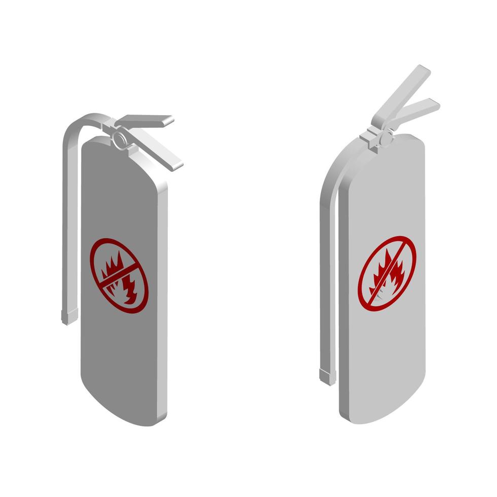 fire extinguisher isometric white icon with a crossed out fire sign. Technical signs and symbols. Isolated vector
