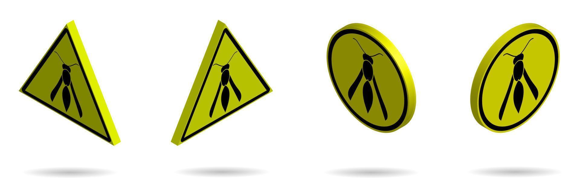 Set of isometric yellow black danger signs, attention. The attack of poisonous insects. Isolated vector