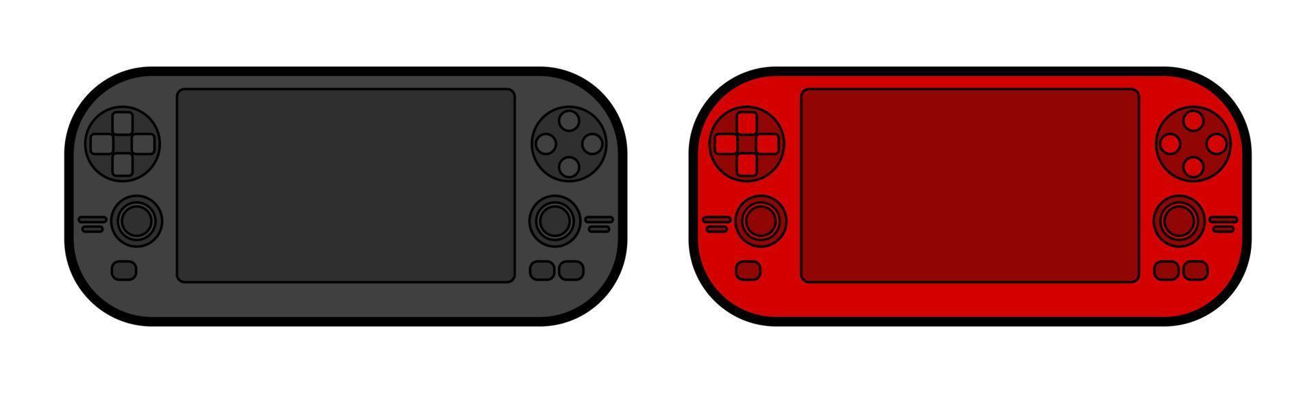 Bright red and black white portable game console with a screen. Video Game Controller Isolated vector on white background