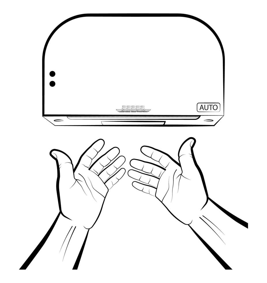 el hombre tiene las manos debajo de una secadora automática. Procedimientos higiénicos en lugares públicos. vector aislado de prevención de enfermedades sobre fondo blanco