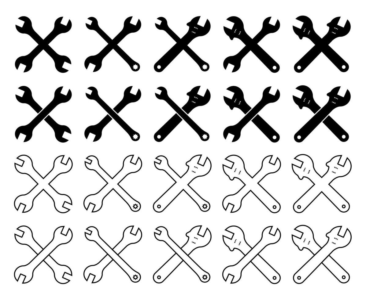 gran conjunto de iconos de llaves cruzadas para la reparación de varias formas. vector sobre un fondo blanco