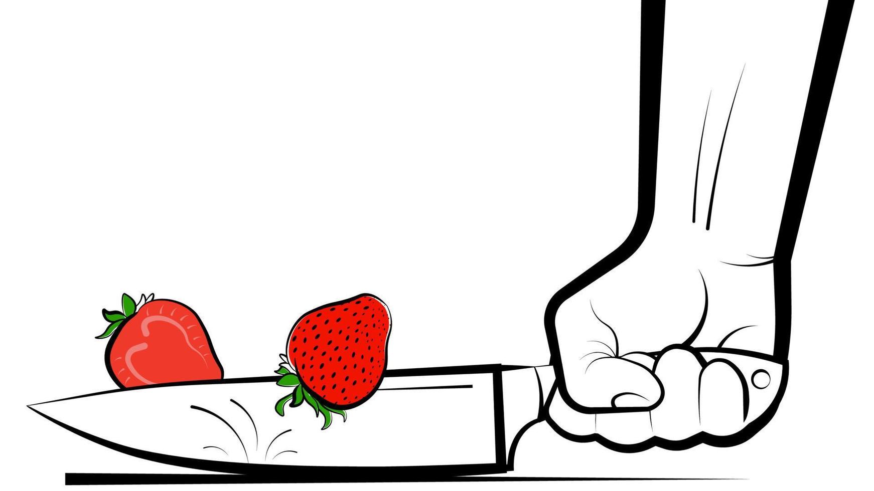 mans hand cuts a ripe juicy strawberry with a knife. Preparation of vitamin cocktails. Vegetarian food. Banner, poster. Bright summer design element on white background vector