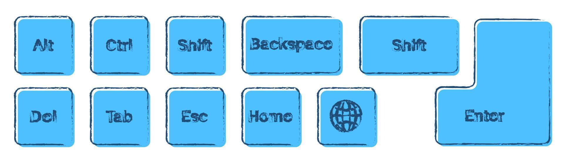 set of additional keyboard keys on a white background. Alt, Ctrl, Enter, Backspace, Esc, globe, Shift drawn in ink and blue colors. Isolated vector