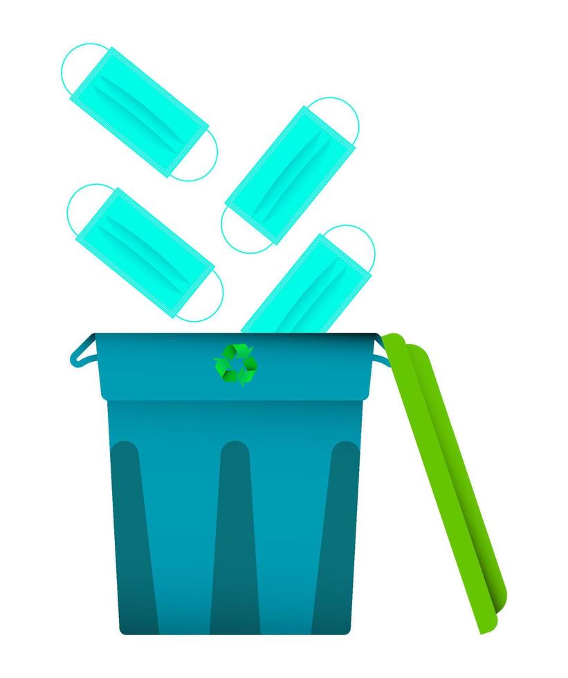 used medical masks fly into the bin, a container for recycling. End of pandemic, the victory over the virus, a protracted disease. Colored icon vector
